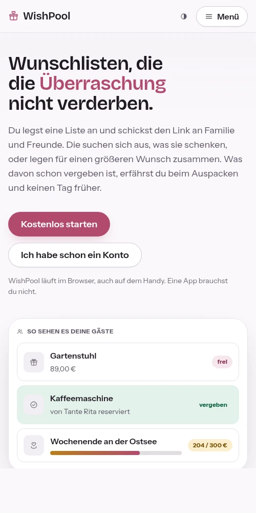 WishPool auf dem Handy, dieselbe App im mobilen Layout.
