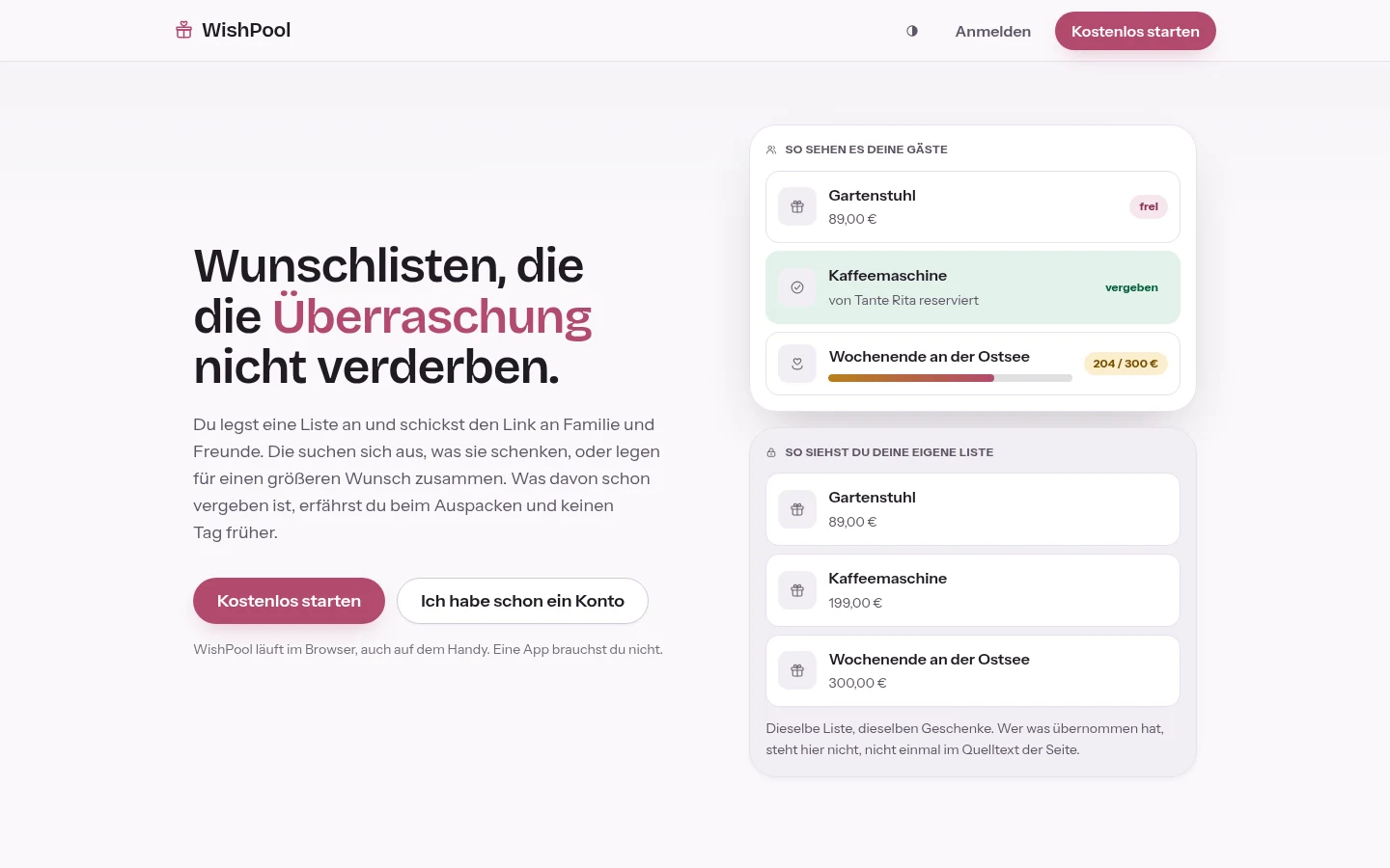 Startseite von WishPool, unserer eigenen App für Wunschlisten.
